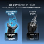 PORTENTUM Car Charger Adapter 60W + 60 W USB-C Cable included – Dual and simultaneous – USBC PD 30W + USBA QC 30W – Cigarette Lighter USB Charging for iPhone iPad Android Tablet Smartphone - Image 2