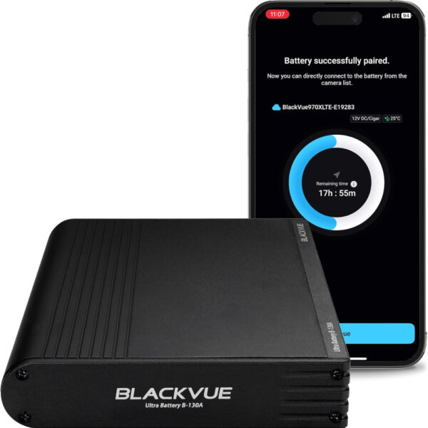 BlackVue B-130A Power Magic Ultra Battery, External Dash Cam Battery Pack for Parking Mode, Fast Charging, High Capacity, 12V/24V Vehicle Compatible, Bluetooth, App Control, Black