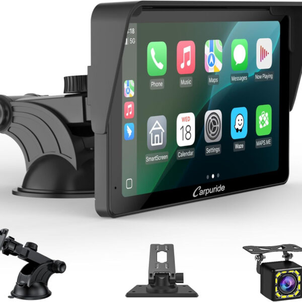 Portable Carplay Screen, Carpuride V3R Wireless Airplay&Android Auto, 7 Inch 1080P HD Touch Screen with Real 720P Backup Camera/BT 5.0/Mirror Link/USB Playback/Noise Reduction Chip AUX