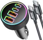 90W 4-Port USB C Car Charger + Type-C Cable for iPhone 17/Air/16/16e/15 Pro Max, Samsung Galaxy S25/S24, iPad, Android Phone, Dual 45W Super Fast Car Cigarette Lighter USB Charger Adapter 12V Socket