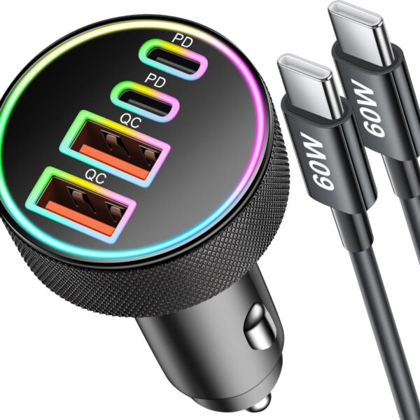 90W 4-Port USB C Car Charger + Type-C Cable for iPhone 17/Air/16/16e/15 Pro Max, Samsung Galaxy S25/S24, iPad, Android Phone, Dual 45W Super Fast Car Cigarette Lighter USB Charger Adapter 12V Socket