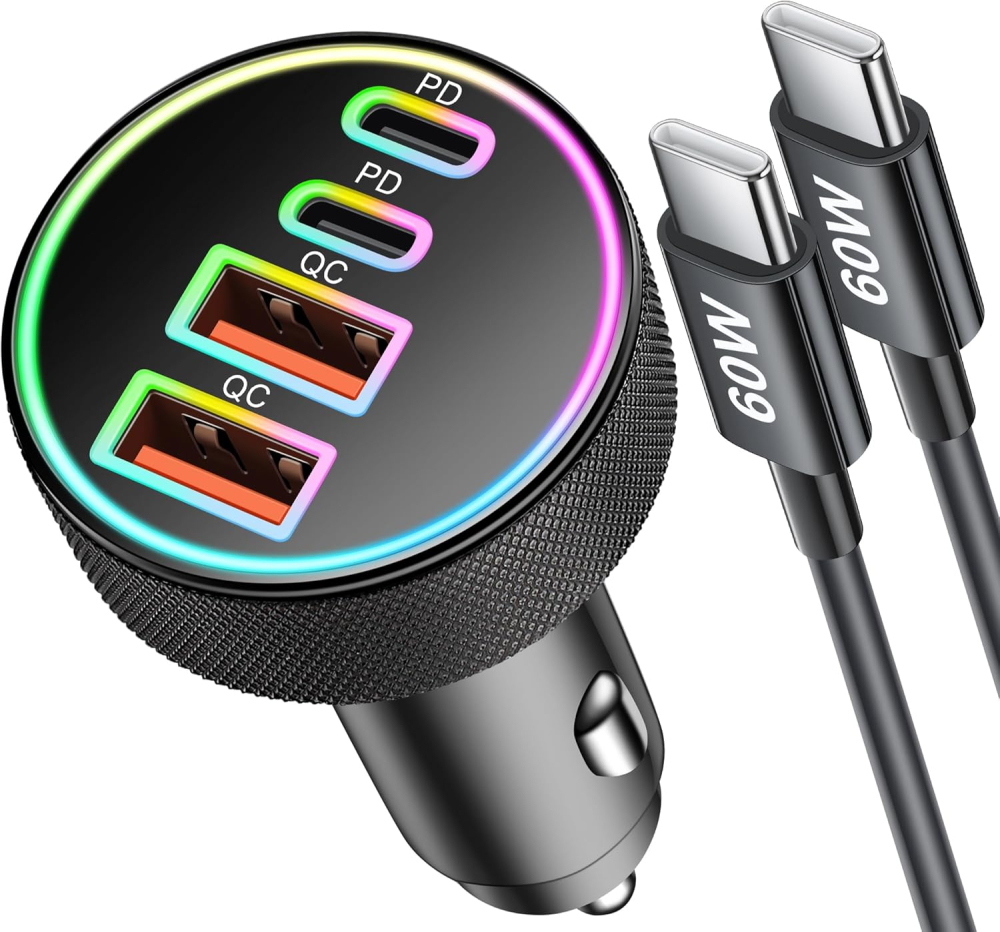 90W 4-Port USB C Car Charger + Type-C Cable for iPhone 17/Air/16/16e/15 Pro Max, Samsung Galaxy S25/S24, iPad, Android Phone, Dual 45W Super Fast Car Cigarette Lighter USB Charger Adapter 12V Socket