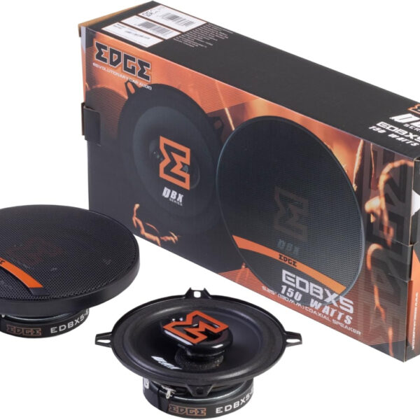 EDGE EDBX5 5.25” inch (13cm) 3 way Coaxial speaker - 75/150 W, Black and Orange. Includes Grilles, Sold in Pairs