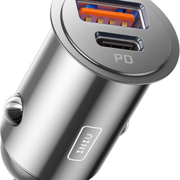 INIU Car Charger, Cigarette Lighter USB Charger Total 60W [USB C 30W+USB A 30W] 12V USB Socket, PD3.0 Fast Charge Car Phone Charger Metal Adapter for iPhone 16 15 14 13 12 Pro Max iPad Samsung, Silver