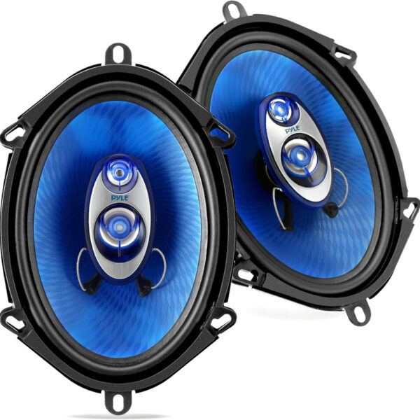Pyle 3-Way Car Speakers, 300W Door Mount Stereo Set, 10 x 15 cm Universal Coaxial Audio System, 4 Ohm Vehicle Replacement Speaker Pair, Car Audio Loud Sound System (Blue)