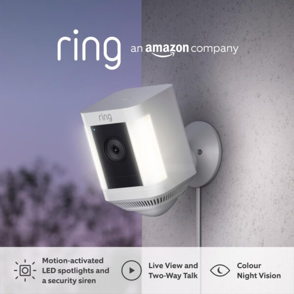 Ring Spotlight Cam Plus Plug-In | Outdoor Security Camera 1080p HD Video, Two-Way Talk, Night Vision, LED Spotlights, Siren, alternative to CCTV system, 30-day free trial of Ring Home