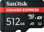 SanDisk microSD Express Card, 512GB mSD card, Read speeds up to 880 MB/s, Write Speeds up to 650MB/s, Sustained Write 220MB/s, SanDisk QuickFlow Technology, ThermAdapt, UHS-I, U3, C10