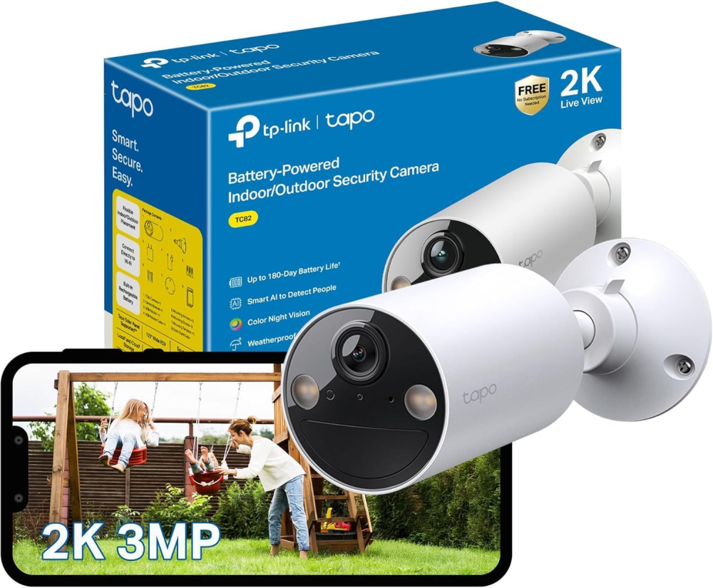 Tapo TC82 2K Battery Security Camera Outdoor Wireless, Indoor & Outdoor CCTV Camera, Colour Night Vision, No Monthly Fee, AI Detection, IP65, 180-Day Battery Life, Works with Alexa & Google