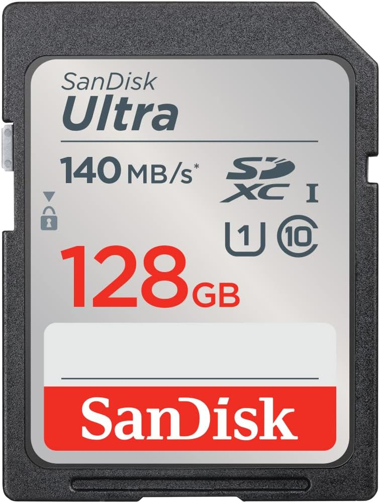 SanDisk Ultra SDXC card, 128GB SD Card (Memory card up to 140 MB/s read speeds, For entry level and mid-range compact camera's, Full HD Video, UHS-I, Class 10, U1)
