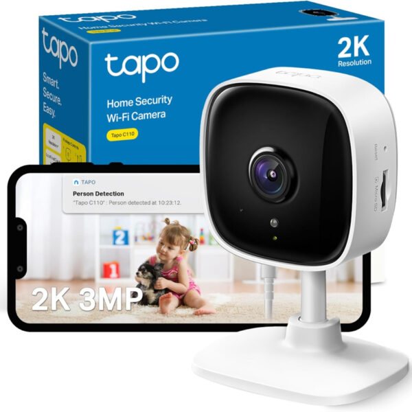 Tapo C110 2K 3MP Indoor Camera House Security, WiFi, No Monthly Fee, AI Detection, Dog Puppy, Baby Monitor, 2-way Talk, Advanced Night Vision, Works with Alexa & Google