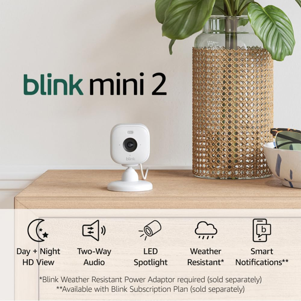 Blink Mini 2 – Plug-in smart security camera, HD night view in colour, built-in spotlight, two-way audio, motion detection, works with Alexa (White)