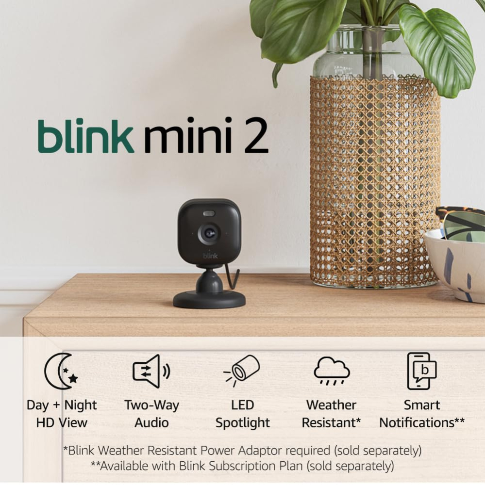 Blink Mini 2 – Plug-in smart security camera, HD night view in colour, built-in spotlight, two-way audio, motion detection, works with Alexa (Black)