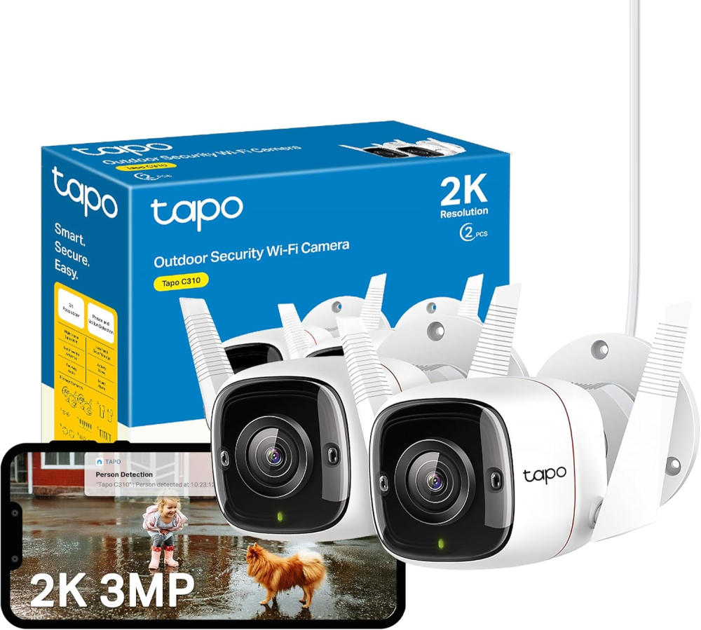 Tapo C310P2 2-Pack 2K Security Camera Outdoor Wired, Outdoor Camera No Monthly Fee, AI Detection, Advanced Night Vision, Two-Way Talk, IP66 Weatherproof, Works with Alexa & Google