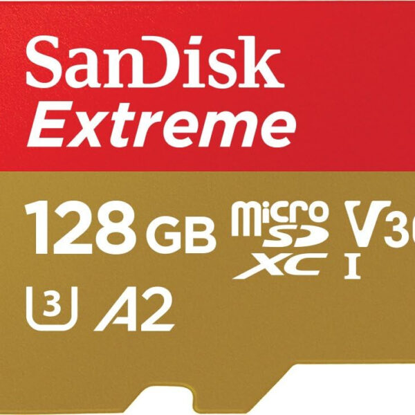 SanDisk 128GB Extreme microSDXC card for Action Cams and Drones + SD adapter + RescuePRO Deluxe, up to 190 MB/s, with A2 App Performance, UHS-I, Class 10, U3, V30