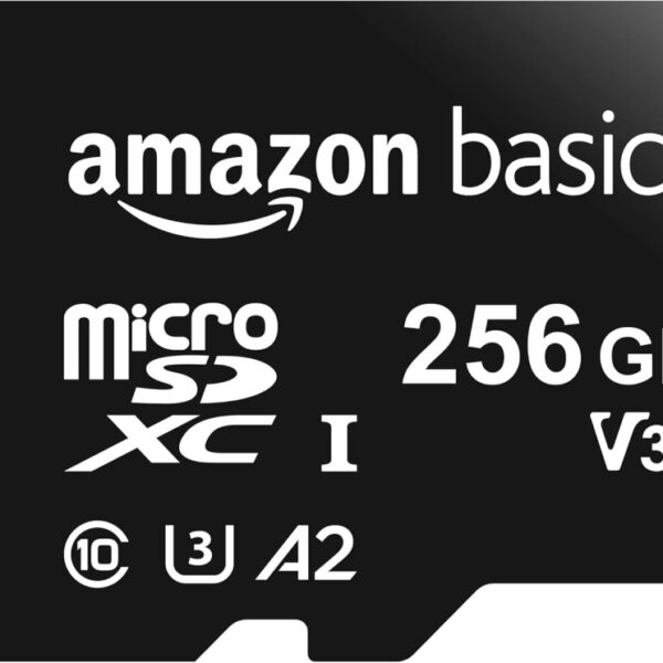 Amazon Basics MicroSDXC, 256 GB, with SD Adapter, A2, U3, read speed up to 100 MB/s, Black