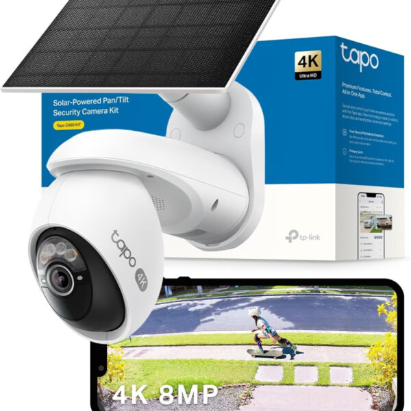 Tapo C660 KIT 4K 8MP Solar-Powered Pan/Tilt Security Camera, Starlight Color Night Vision, 360° AI Tracking Outdoor Camera, Solar Charging, Two-Way Audio, 2.4&5 GHz Connection, Works with Alexa&Google
