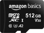 Amazon Basics Micro SDXC, 512 GB, with SD Adapter, A2, U3, read speed up to 100 MB/s, Black