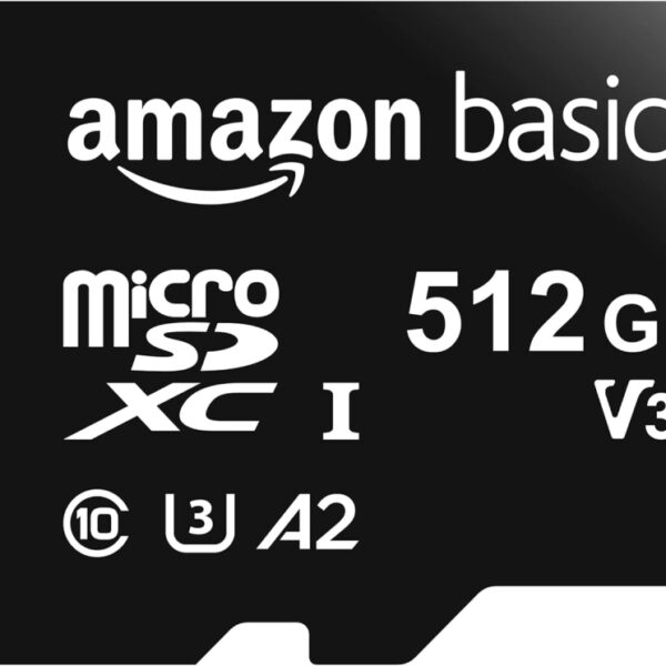 Amazon Basics Micro SDXC, 512 GB, with SD Adapter, A2, U3, read speed up to 100 MB/s, Black