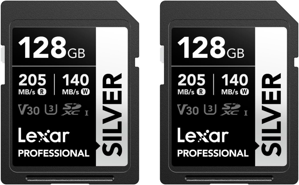 Lexar Professional SILVER SD Card 128GB 2-Pack, Up to 205MB/s Read, 140MB/s Write, SDXC UHS-I Memory Card, Class 10, U3, V30, SD Card for Professional Photographers, Videographers, Enthusiasts