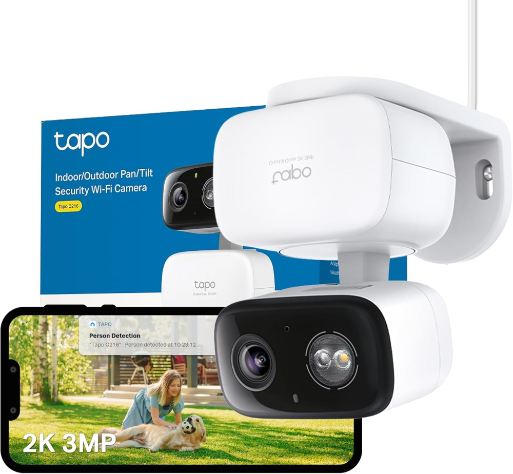 Tapo C216 2K 3MP Outdoor Camera 360°Pan/Tilt, IP65 Color Night Vision, Security Camera Outdoor WiFi, Smart AI Detection,Spotlights, Indoor Cameras House Security, CCTV, Alexa/Google