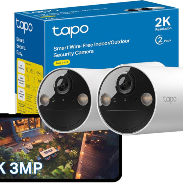 Tapo C410 (2-Pack) 2K Battery Powered Security Camera Outdoor Wireless, Colour Night Vision, Indoor CCTV Camera with No Monthly Fee, AI Detection, IP65 Weatherproof, Works with Alexa & Google
