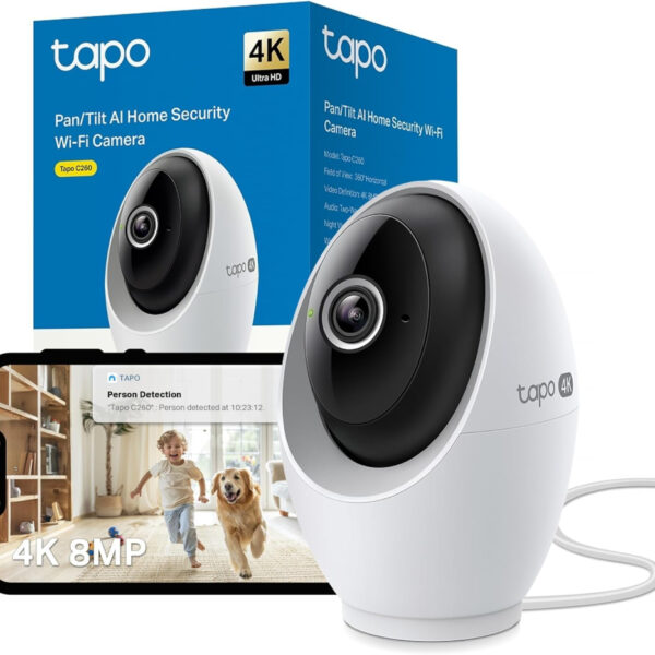 Tapo C260 4K 8MP WiFi Home Security Camera, 18x Digital Zoom, Face Recognition, Smart AI Detection, Indoor CCTV Camera, Night Vision, Wide Range Movement, Works with Alexa & Google & SmartThings