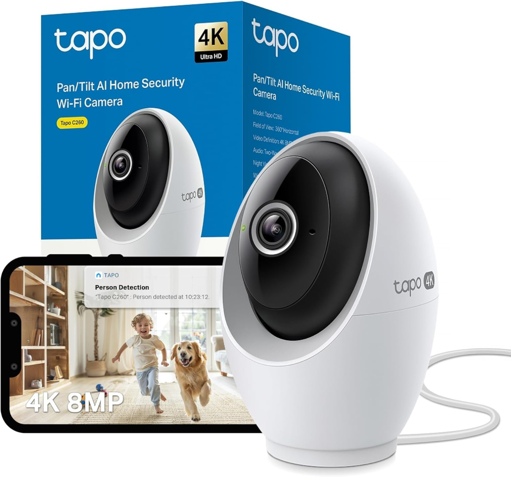 Tapo C260 4K 8MP WiFi Home Security Camera, 18x Digital Zoom, Face Recognition, Smart AI Detection, Indoor CCTV Camera, Night Vision, Wide Range Movement, Works with Alexa & Google & SmartThings