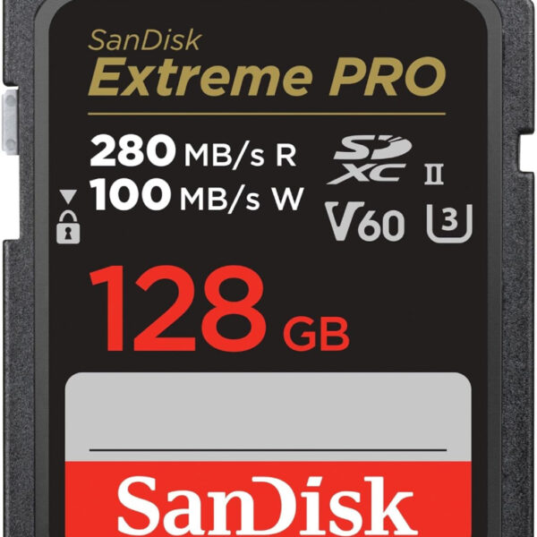 SanDisk 128GB Extreme PRO SDXC card, SD Card, V60 Memory card, 6K & 4K UHD, up to 280 MB/s, Shock, Temperature, Water and X-Ray Proof, RescuePro Deluxe data recovery software, UHS-II, Class 10, U3