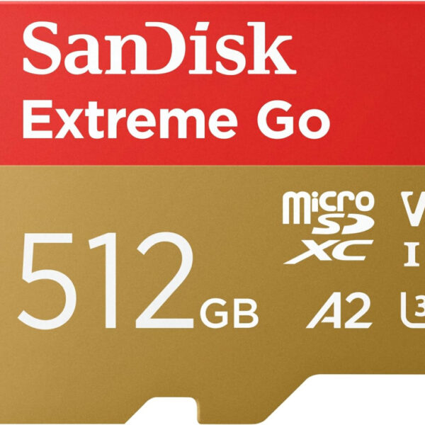 SanDisk Extreme Go micro SDXC card + SD adapter 512GB (For Android Devices, Gaming Consoles, Drones, Action Cams, UHS-I, up to 200 MB/s, V30, 5K, 4K, UHD, Rescue PRO, Class 10, U3) For Amazon