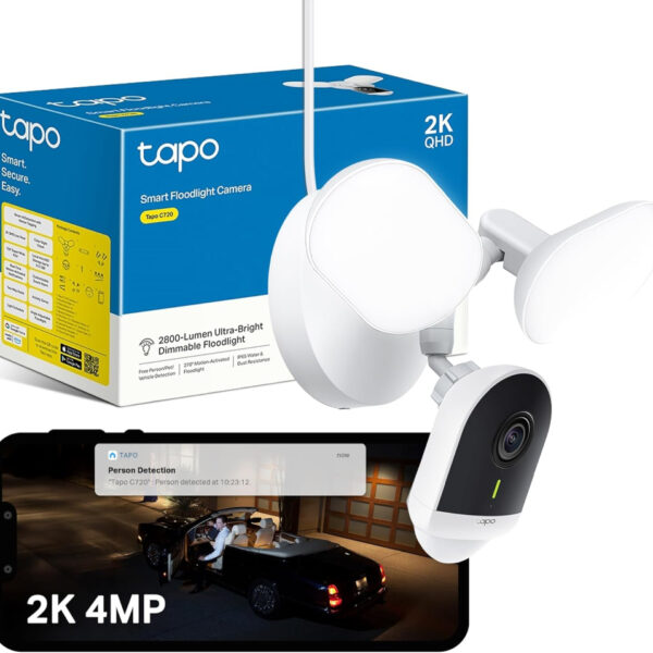 Tapo C720 Floodlight Outdoor Security Camera, 2800-Lumen Ultra-Bright, 2K QHD 4MP, 270° Detection Zone, Wi Fi Camera No Monthly Fee, Smart AI, Customizable Alarm, IP65, Work with Google & Alexa