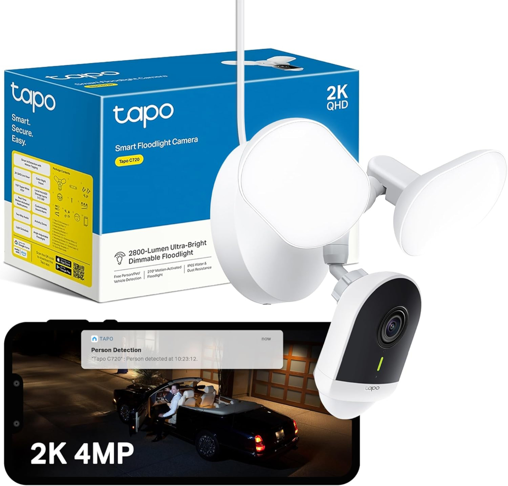 Tapo C720 Floodlight Outdoor Security Camera, 2800-Lumen Ultra-Bright, 2K QHD 4MP, 270° Detection Zone, Wi Fi Camera No Monthly Fee, Smart AI, Customizable Alarm, IP65, Work with Google & Alexa