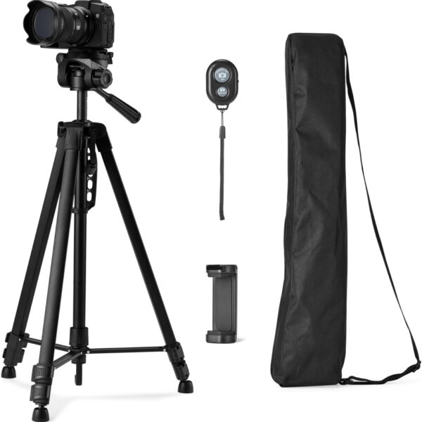 Amazon Basics 152,4cm (60") Phone and Camera Tripod with Bag, Remote Control and Phone Holder, Height Adjustable, Black