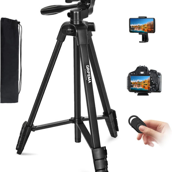 GRIFEMA Tripod 55 inch /140cm, Foldable Aluminum Lightweight Phone Camera Tripod Stand with Wireless Remote Shutter, Phone Holder & Bag for Travel Video Photography YouTube Vlog, GB1001 -Black