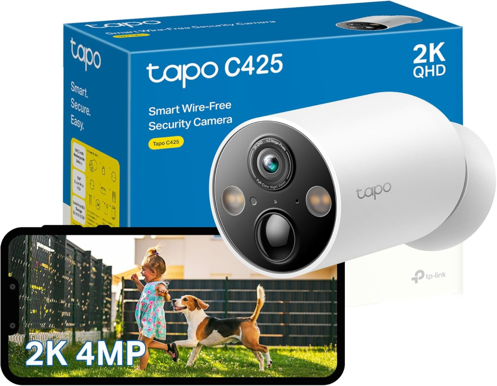 Tapo C425 2K 4MP QHD Battery Security Camera Outdoor Wireless, 300-day Battery Life, 150° Super-wide FOV, Colour Night Vision, Outdoor Camera No Monthly Fee, AI Detection, Two-way Talk
