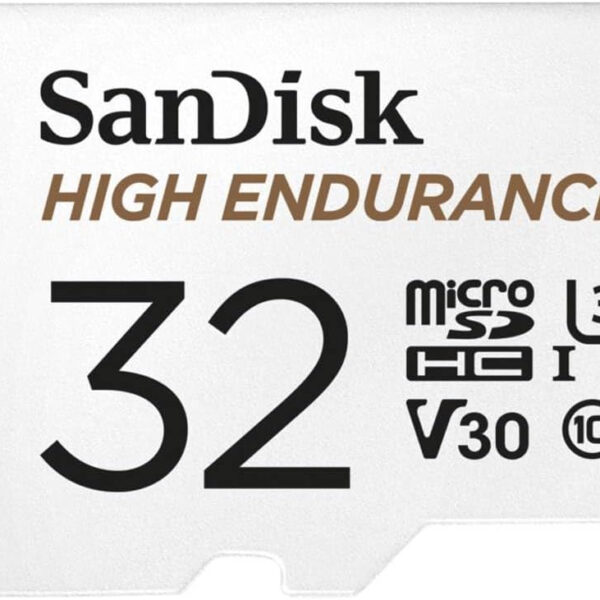 SanDisk HIGH ENDURANCE Video Monitoring for Dashcams & Home Monitoring 32 GB microSDHC Memory Card + SD Adaptor, Up to 100 MB/s read and 40 MB/s Write, Class 10, U3, V30, White