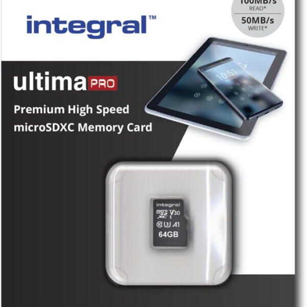 Integral 64GB microSD Card Premium High Speed 4K Video Memory Card - up to 100MB/s Read and 50MB/s Write, UHS-I, U3, Class 10, A1 App Performance - for smartphones, tablets, drones, game consoles