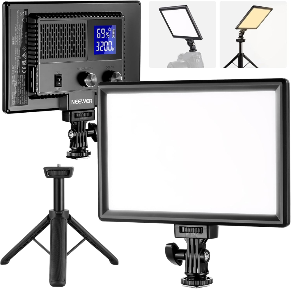 NEEWER 9" LED Video Light Panel, Dimmable DSLR Camera Soft Lighting with Mini Desk Tripod Stand, USB Type C Ports, 3200K~5600K CRI95+ for Studio Photography Video Recording Live Streaming, NL-116AI