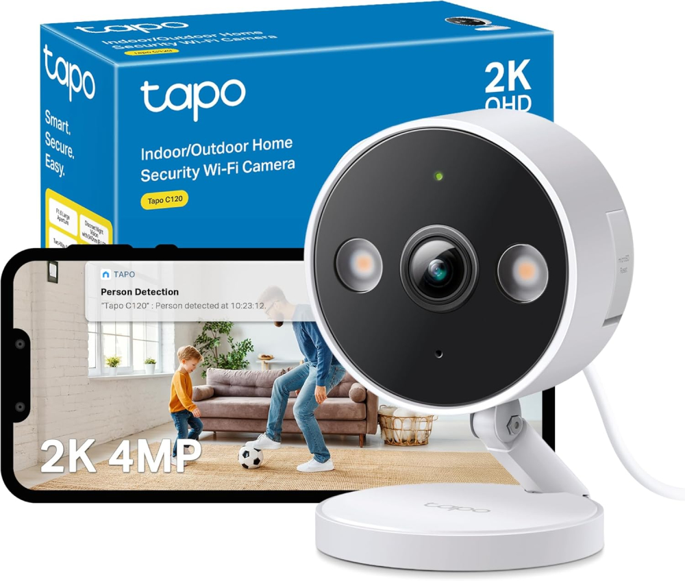 Tapo C120 2K 4MP WiFi Outdoor Camera, Built-In Dual Spotlights, Color Night Vision Security with No Monthly Fee, AI Detection, Sound & Light Alarm, IP66 Weatherproof,CCTV, Cross-Line Detection