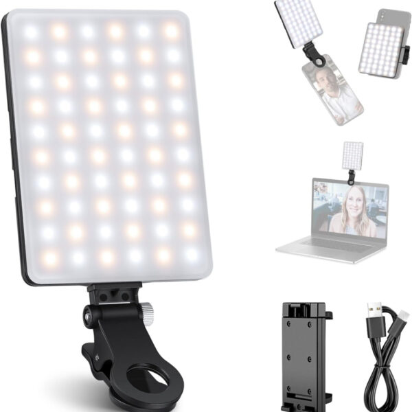 NEEWER Selfie Light with Front & Back Phone Clip, High Power 60 LED 2000mAh Rechargeable CRI 95+, 3 Light Modes, Portable Clip on Light for Tablet/Laptop, Zoom Call TikTok Video Fill Light (NL-60AI)