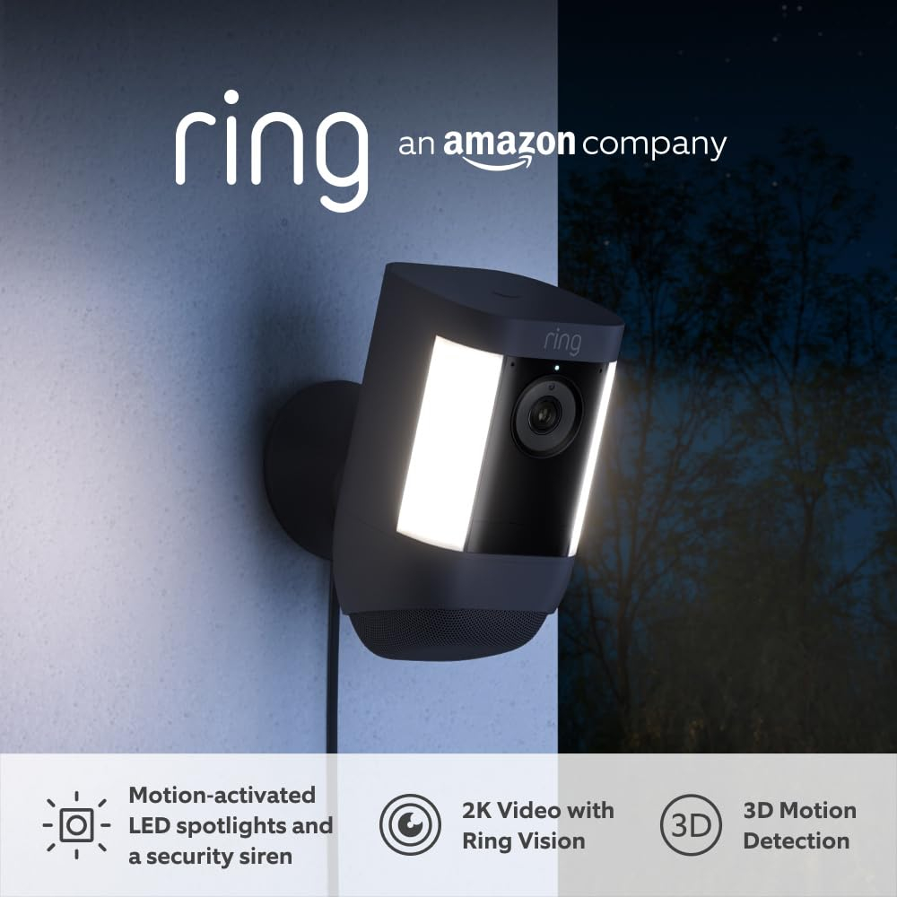 Ring Spotlight Cam Pro Wired | Outdoor Security Camera 2K Video with Ring Vision, 3D Motion Detection, Bird's-Eye View, LED Spotlights, alternative to CCTV | 30-day free trial of Ring Home