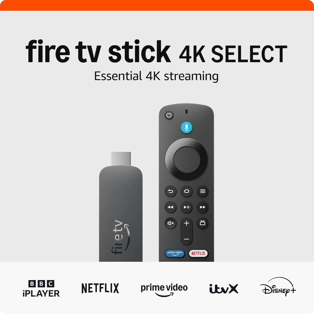 Amazon Fire TV Stick 4K Select (newest gen), start streaming in 4K, hundreds of thousands of films and TV episodes, and free & live TV