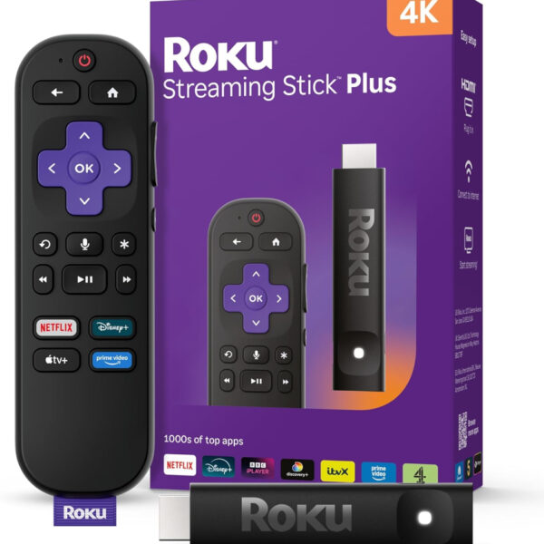 Roku® Streaming Stick™ Plus 2025 – 4K and HDR Roku Streaming Device for TV with Voice Remote – Free and live TV