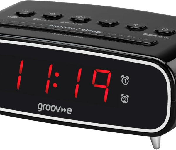 Groov-e Rise - Digital Alarm Clock with FM Radio, LCD Display, & Dimmer Function - 12hr/24hr Time Modes - Mains Powered, Backup Battery System - Black