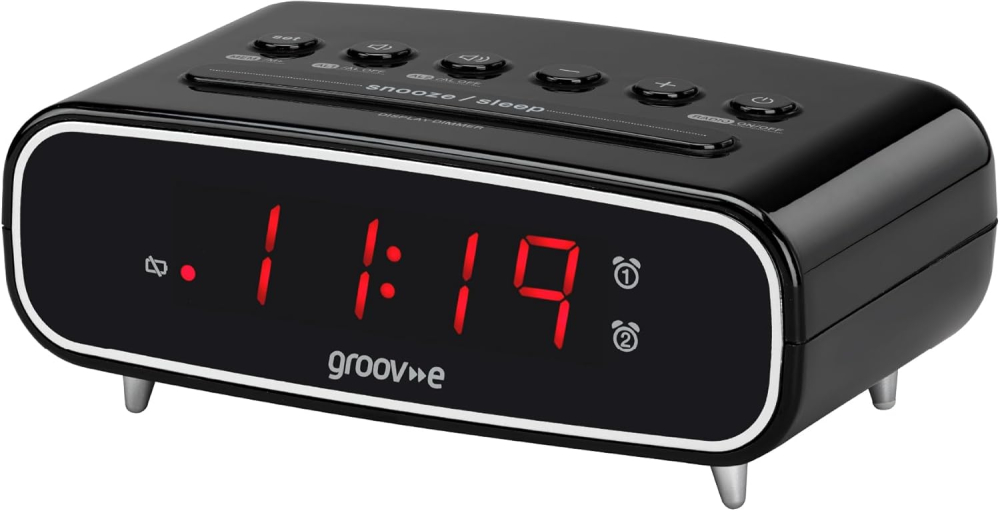 Groov-e Rise - Digital Alarm Clock with FM Radio, LCD Display, & Dimmer Function - 12hr/24hr Time Modes - Mains Powered, Backup Battery System - Black