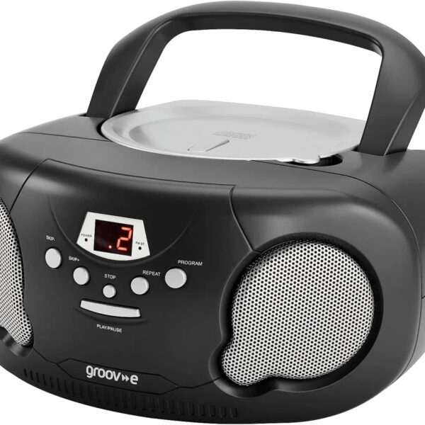 Groov-e Original Boombox - Portable CD Player with Bluetooth, Radio, 3.5mm Aux Port, & Headphone Socket - LED Display, 2 x 1.2W Speakers - Battery or Mains Powered - Black