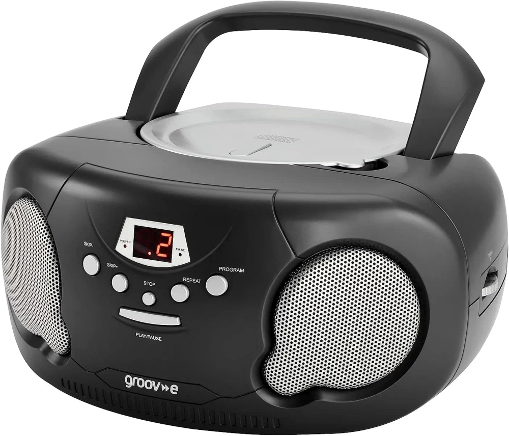Groov-e Original Boombox - Portable CD Player with Bluetooth, Radio, 3.5mm Aux Port, & Headphone Socket - LED Display, 2 x 1.2W Speakers - Battery or Mains Powered - Black
