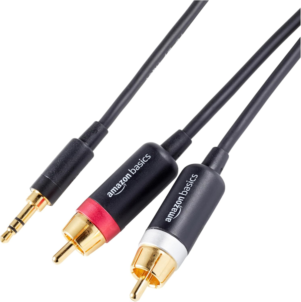 Amazon Basics 3.5 Aux to 2 x RCA Adapters, Audio Cable for Amplifiers, Active Speakers with Gold-Plated Plugs, 2.4 m, Black