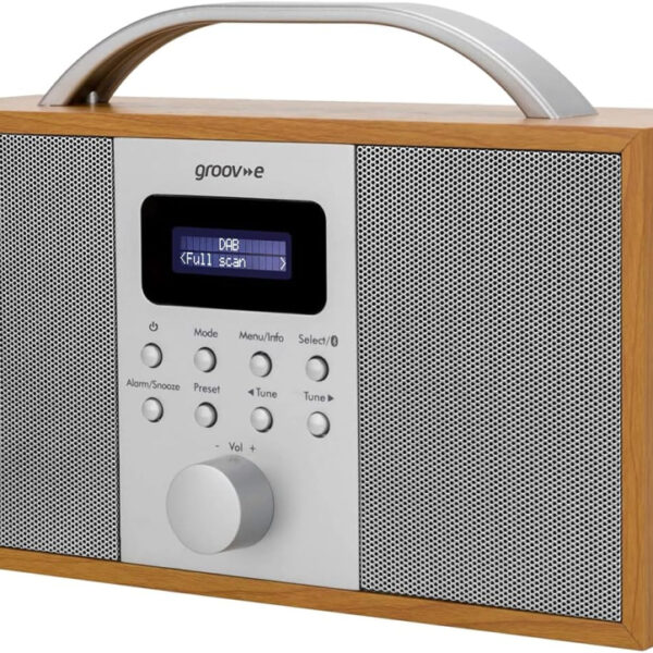 Groov-e Boston Wooden DAB & FM Digital Radio - Built-In Alarm Clock, Dynamic Range Control & Bluetooth Connectivity - LCD Display - Mains or Battery Operated - Portable Radio - 40 Preset Stations