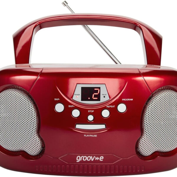 Groov-e Original Boombox - Portable CD Player with Bluetooth, Radio, 3.5mm Aux Port, & Headphone Socket - LED Display, 2 x 1.2W Speakers - Battery or Mains Powered - Red