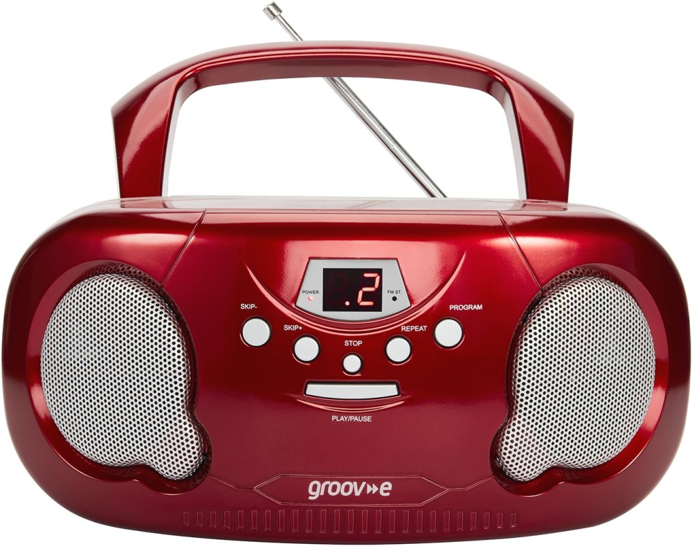 Groov-e Original Boombox - Portable CD Player with Bluetooth, Radio, 3.5mm Aux Port, & Headphone Socket - LED Display, 2 x 1.2W Speakers - Battery or Mains Powered - Red